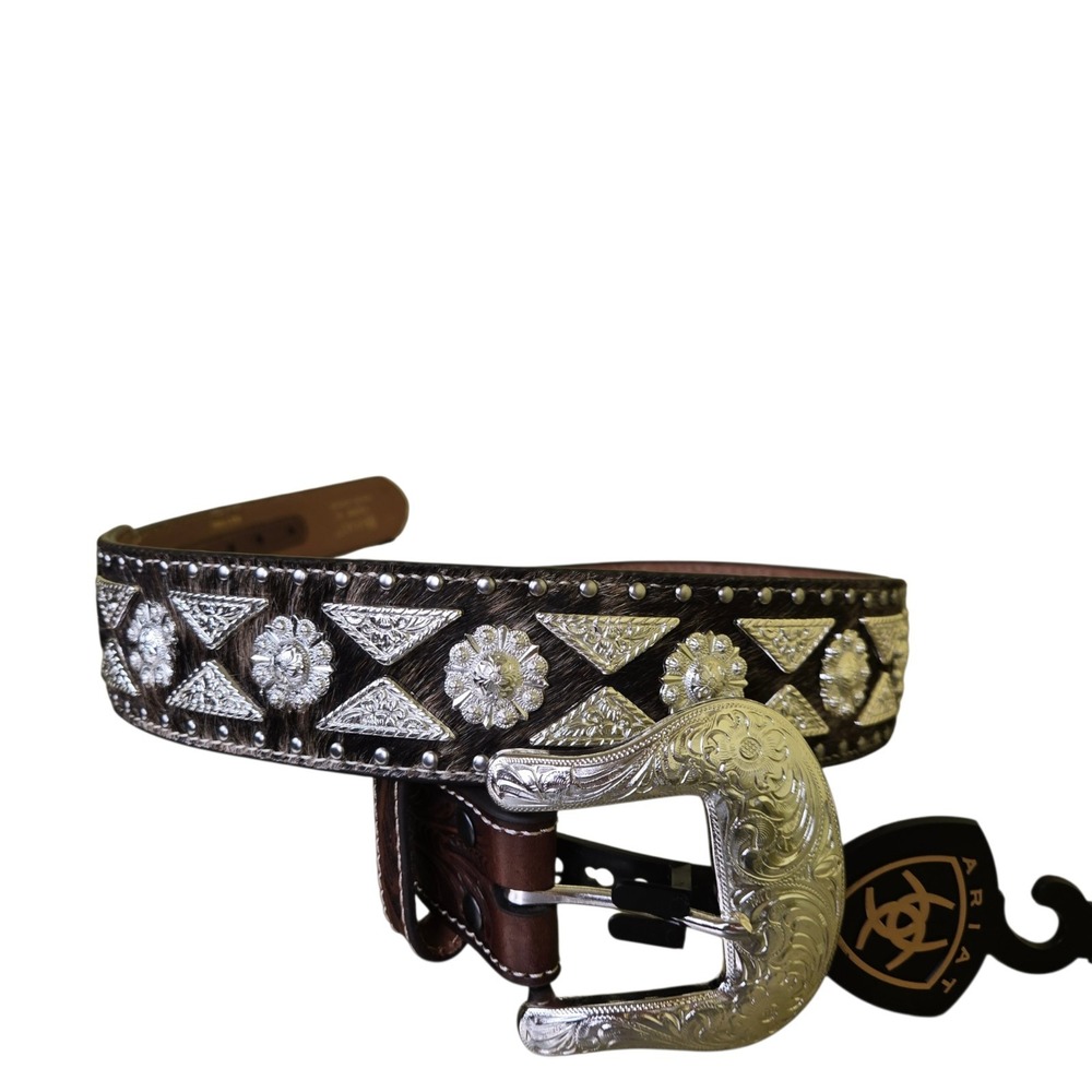 Ariat Mens Western Belt 32 Brown Leather Hair on Hide Silver Tone Concho